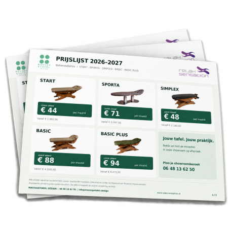 Prijslijst 2026–2027 van Relax Sensation Prijslijst 2026–2027 van Relax Sensation met behandeltafels en leaseprijzen