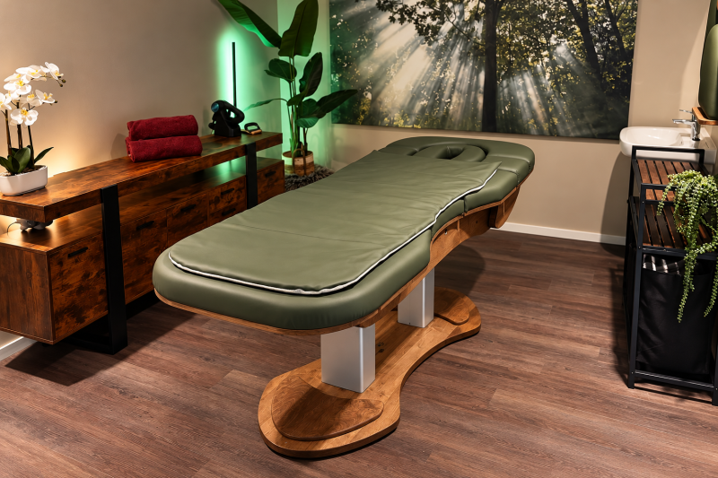 Relax Sensation PRO-S Osteo in Dark Moss met walnootkleurig onderstel en twee hefkolommen in de praktijk van FIT by Jauke.