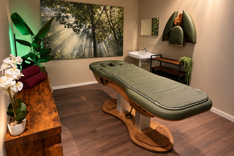 Behandelruimte van FIT by Jauke in Emmen met een groene Relax Sensation massagetafel, houten meubels, planten en een bosfoto aan de wand.