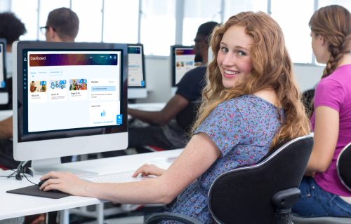 Meisje achter een laptop met Apprentice portal open.