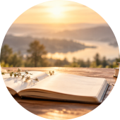Open notitieboek met boeken en een kopje thee op een houten tafel, met uitzicht op een rustig natuurlandschap.