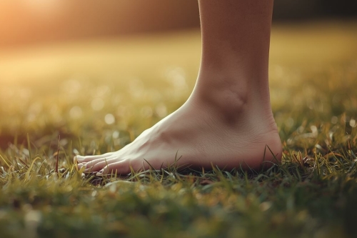 Voet op gras in zacht licht, symbool voor aarding en lichamelijke rust Een rustige wegwijzer voor gezondheid en lichaam. Met aandacht voor herstel, beweging en ontspanning – stap voor stap, op jouw tempo.