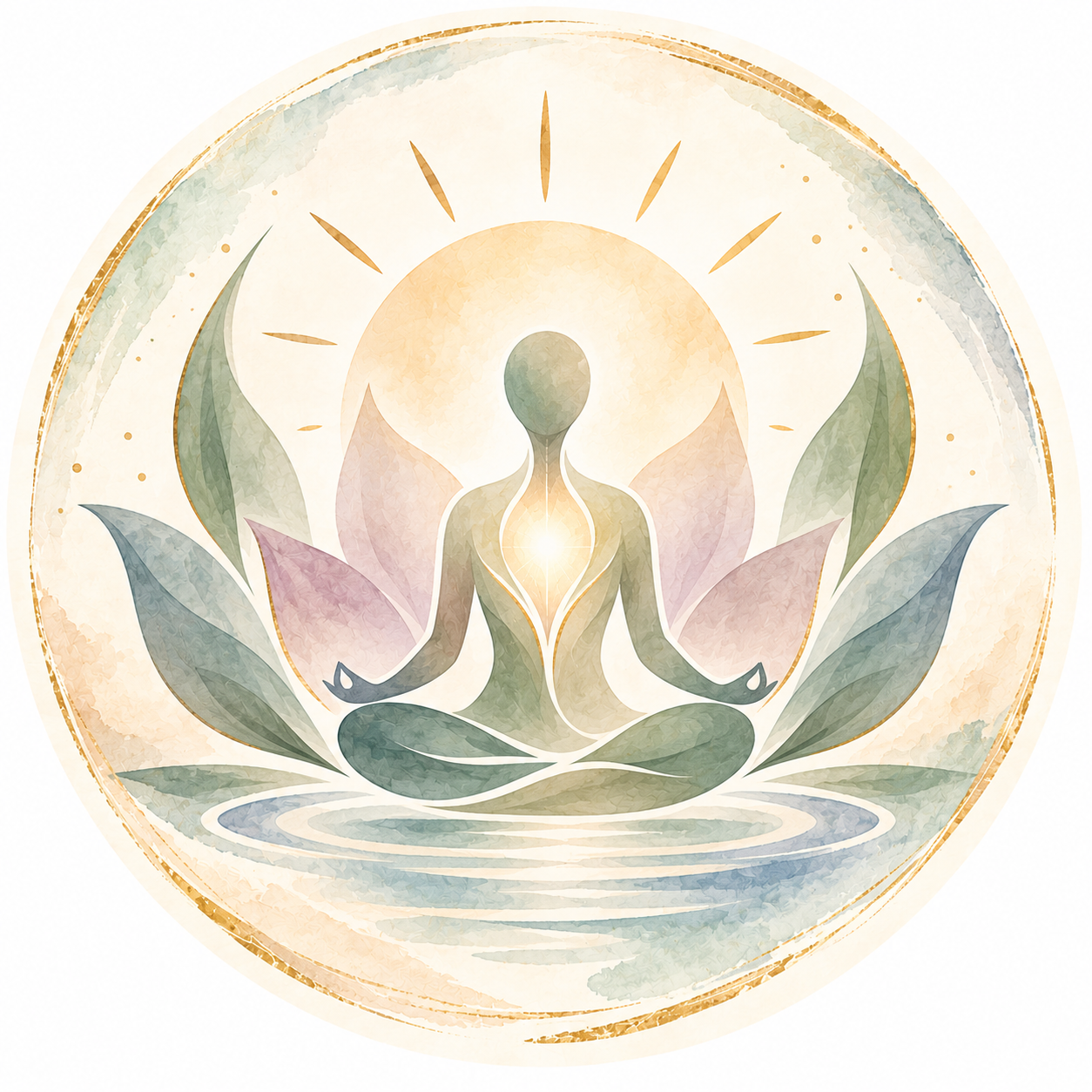 Zachte aquarelillustratie van een mediterend figuur tussen lotusbloemen en bladeren, met warm zonlicht als symbool voor rust en bewustwording.