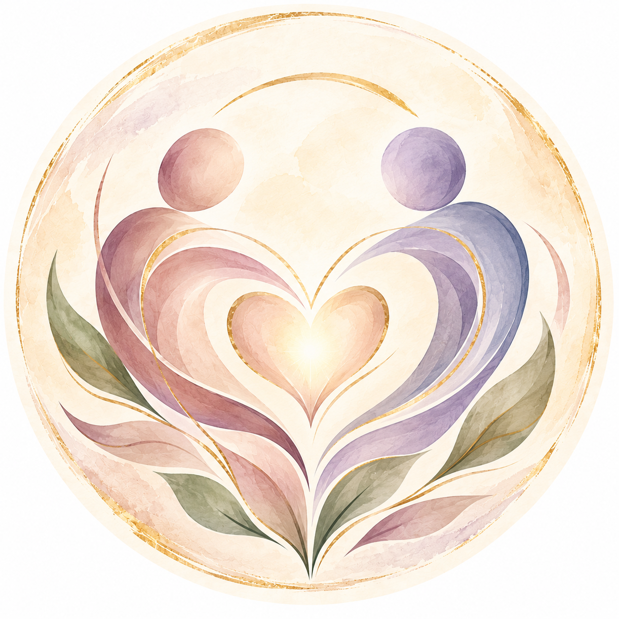 Zachte aquarelillustratie van twee abstracte personen die samen een hart vormen, omringd door bladeren in pastelkleuren. Symbool voor verbinding, communicatie en relaties.