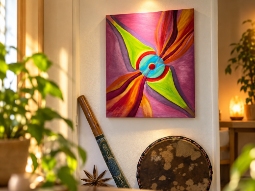 schilderij-massagepraktijk-trainingonlinegids Kleurrijk abstract schilderij met vormen die vanuit een centraal punt samenkomen, gemaakt door mijn vader voor mijn massagepraktijk. Kopieer