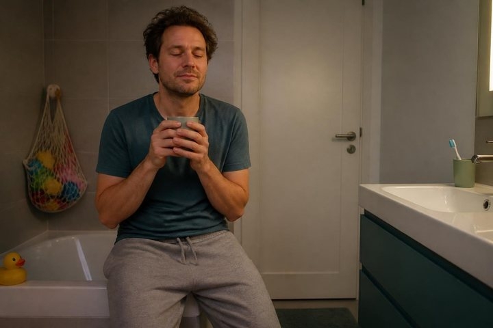 Vader zit even alleen in de badkamer