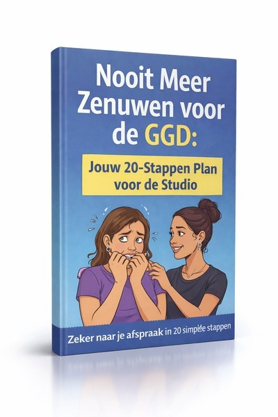 Boekomslag van het e-book over de GGD-inspectie: een getekende, zenuwachtige studio-eigenaar en een collega op een blauwe kaft
