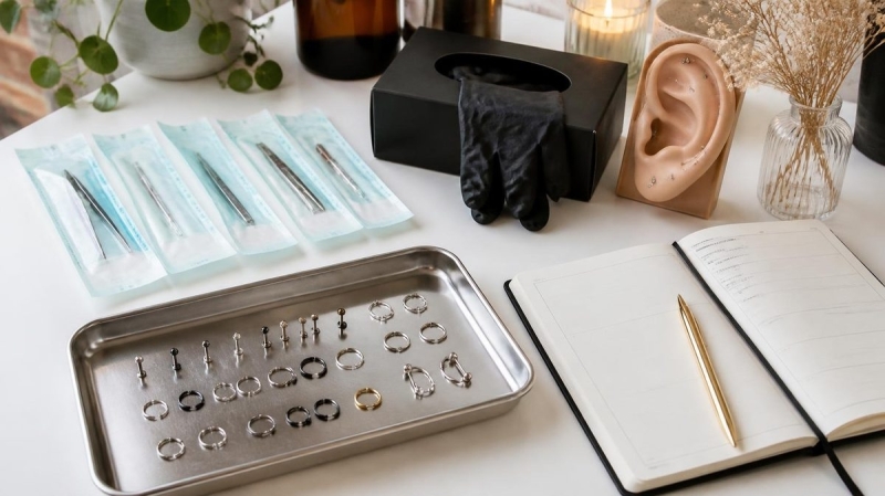Steriele piercinginstrumenten, titanium piercingsieraden en een planner op een werktafel: voorbereiding om piercer te worden