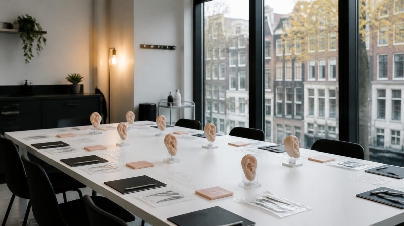 Lege trainingsruimte met oefenoren van siliconen en steriele materialen voor een piercing opleiding (illustratie)