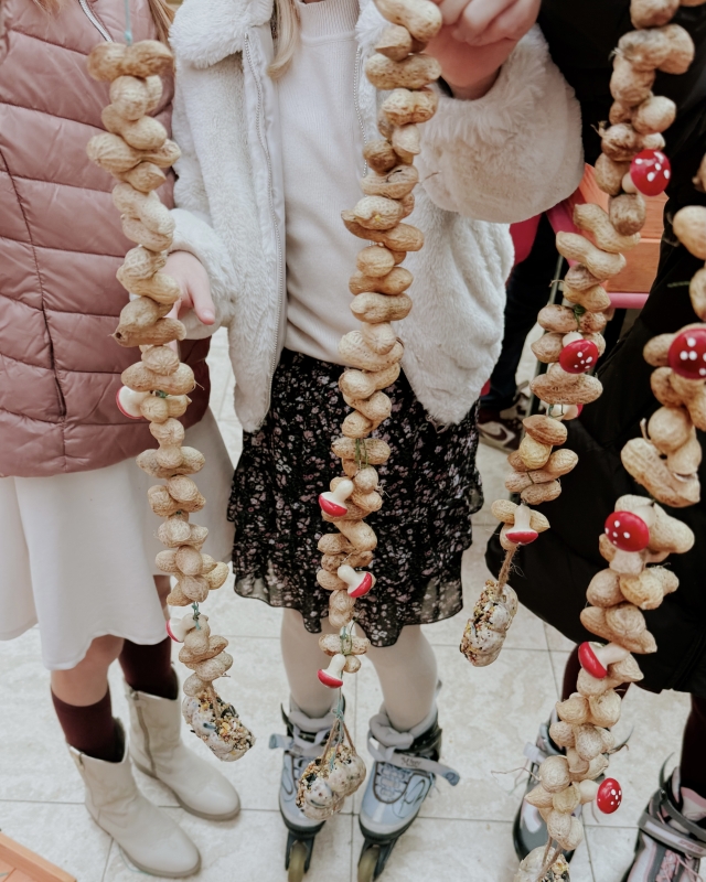 Groep kinderen in winterkleding toont trots hun zelfgemaakte vogelvoer slingers met rode vogelvoedingballen van het winkelcentrumevenement