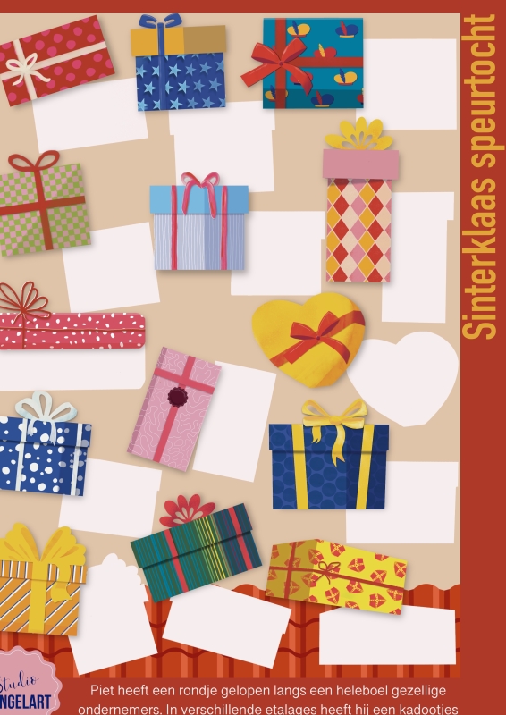 Cadeautjes om te ontdekken speurtocht kaart Illustratie van verschillende feestelijke cadeautjes voor de Cadeautjes Speurtocht