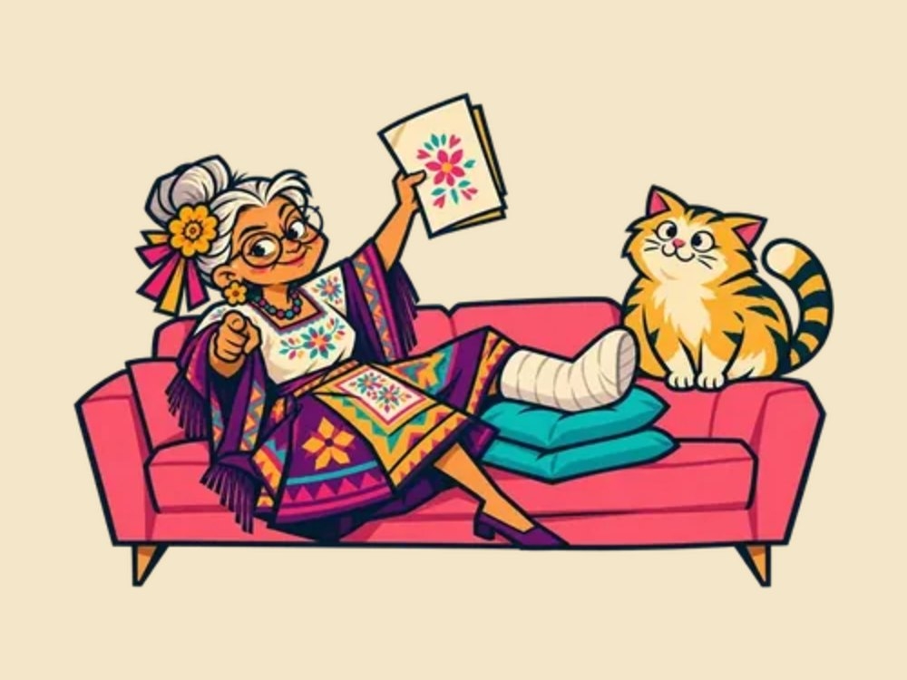 Abuela met haar been in het gips op de bank, naast haar kat