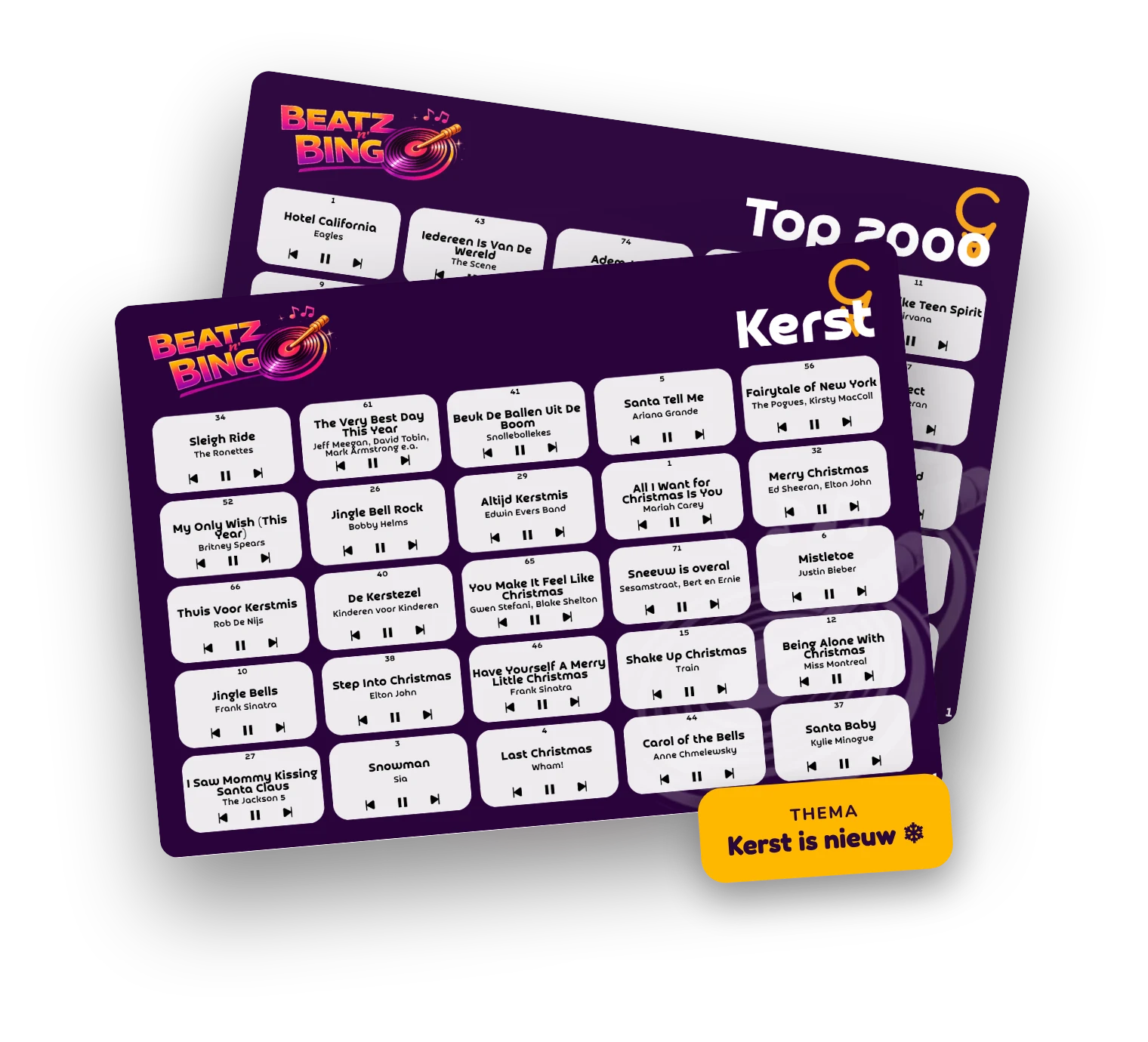 Twee geprinte Beatz 'n Bingo bingokaarten: thema Kerst en thema Top 2000