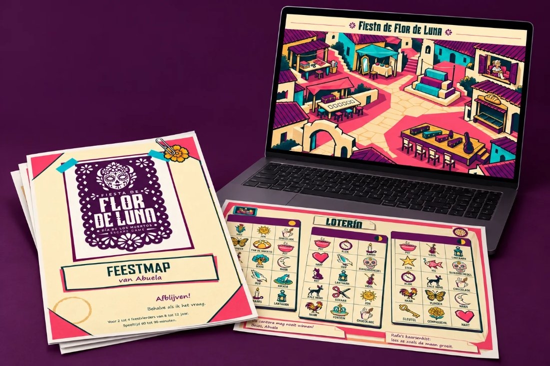 De downloadversie van Fiesta de Flor de Luna met dorpskaart op de laptop