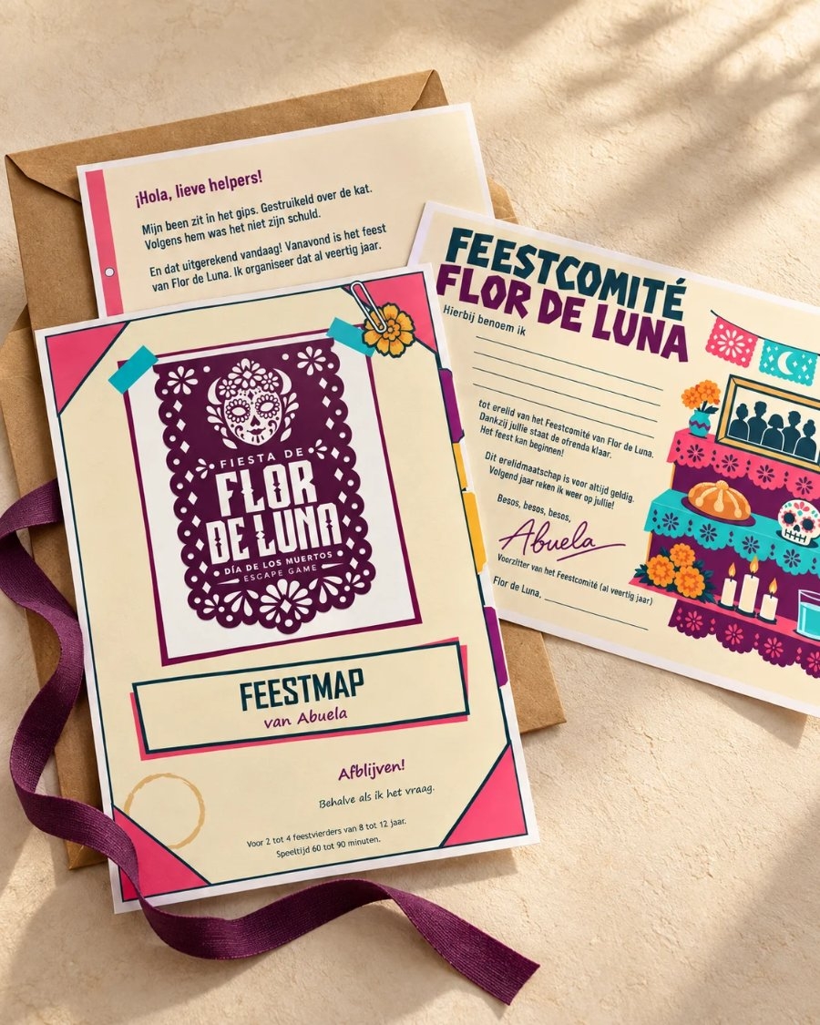 De gedrukte versie van Fiesta de Flor de Luna: envelop, feestmap en oorkonde