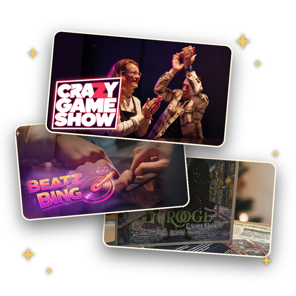 De drie kerstspellen: Crazy Game Show Kerst, Beatz 'n Bingo Kerst en Scrooge Escape Carol