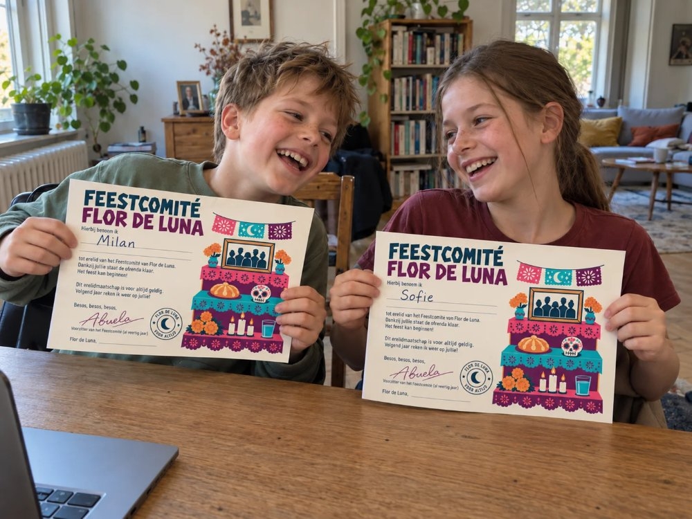 Kinderen met hun oorkonde van het feestcomité