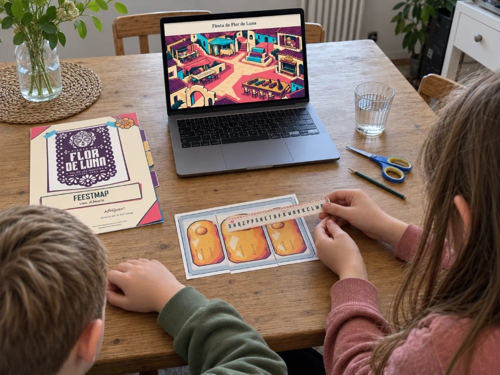 Kinderen lossen de broodpuzzel op in het Día de los Muertos escape spel