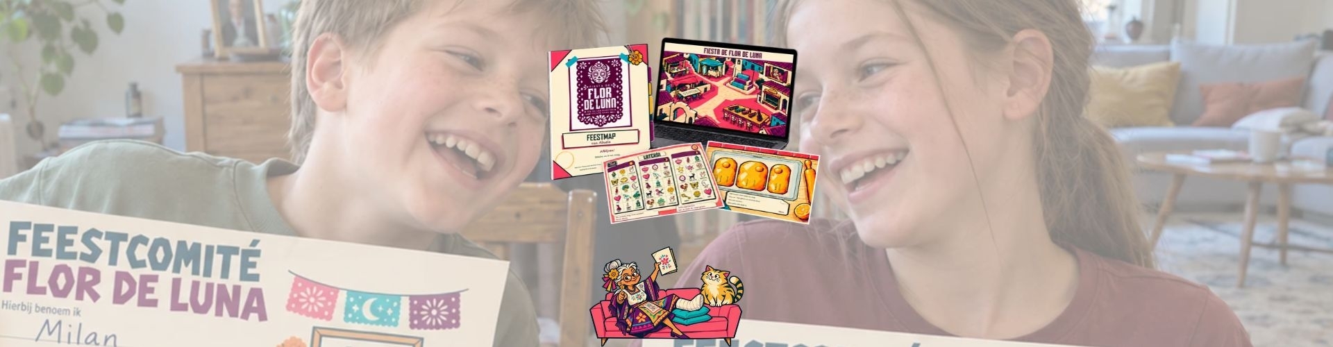 Je ziet Abuela op de bank met een gebroken been en allemaal toffe Mexicaanse puzzels voor kinderen