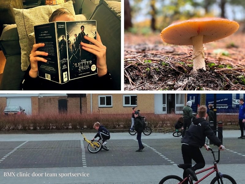 Kind leest boek van bibliotheek, gaat naar buitenactiviteit van natuurmomenten of volgt een bmx clinic van de lokale sportvereniging