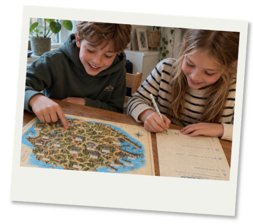 Vakantie Escape spel Herfstvakantie escape spel voor thuis met eilandkaart, ansichtkaarten en puzels