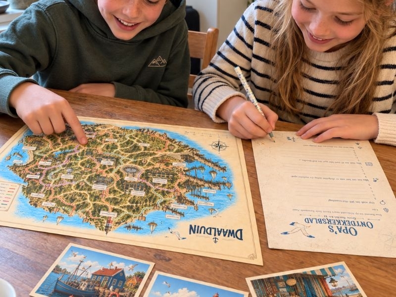 escape spel voor aan tafel met eilandkaart en ansichtkaarten spelen met broer en zus
