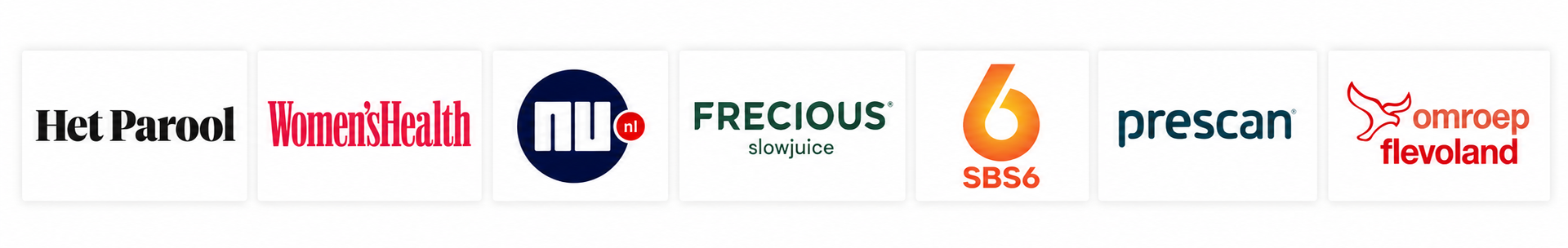 Annick Adriaansz in de media en samenwerkingen Logo's van Het Parool, Women's Health, NU.nl, Frecious, SBS6, Prescan en Omroep Flevoland, media en organisaties waarmee Annick Adriaansz heeft samengewerkt of waarin zij is verschenen.