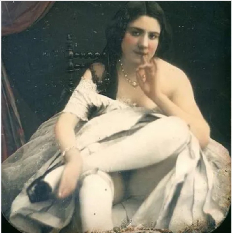 Depicting herself as a muse in a Caravaggio painting, Photograph by August Braquehais c. 1850 Depicting herself as a muse in a Caravaggio painting, Photograph by August Braquehais c. 1850
