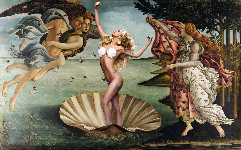 Digital edit of Sandro Botticelli's The Birth of Venus - Lady Gaga wearing her iconic seashell bra