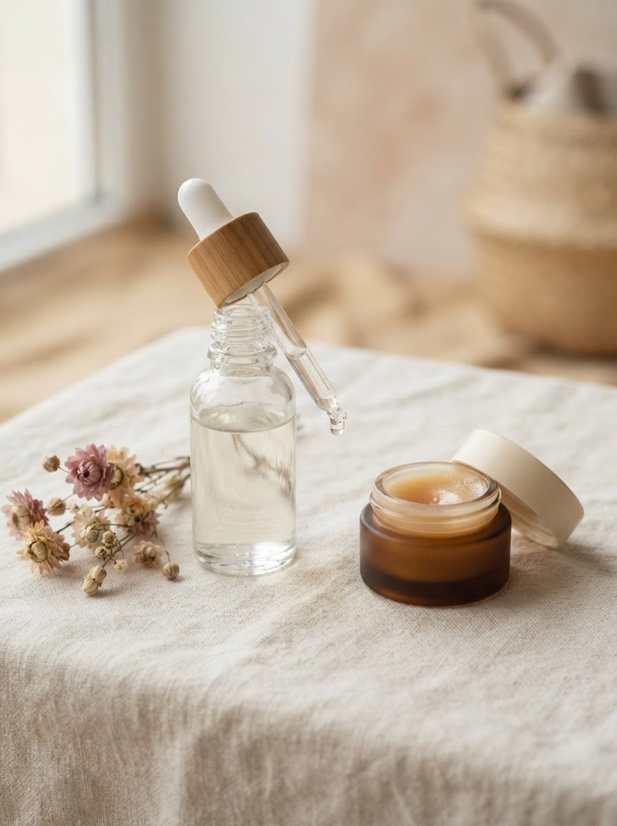 Serum en lippenbalsem op linnen in ochtendlicht