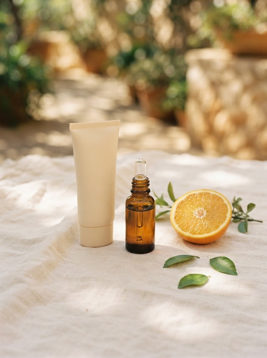 Zonbescherming en vitamine C serum in zomerse schaduw