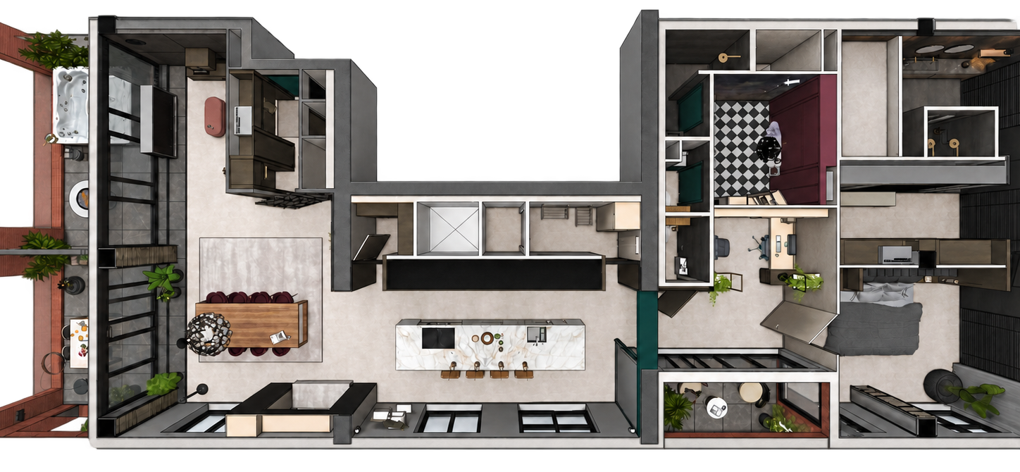 3D-interieurontwerp penthouse STACK Rotterdam Masters of Interior Design Interieurontwerp penthouse - STACK Rotterdam - 3D-plattegrond met kookeiland, eettafel, werkplekken en dakterras.