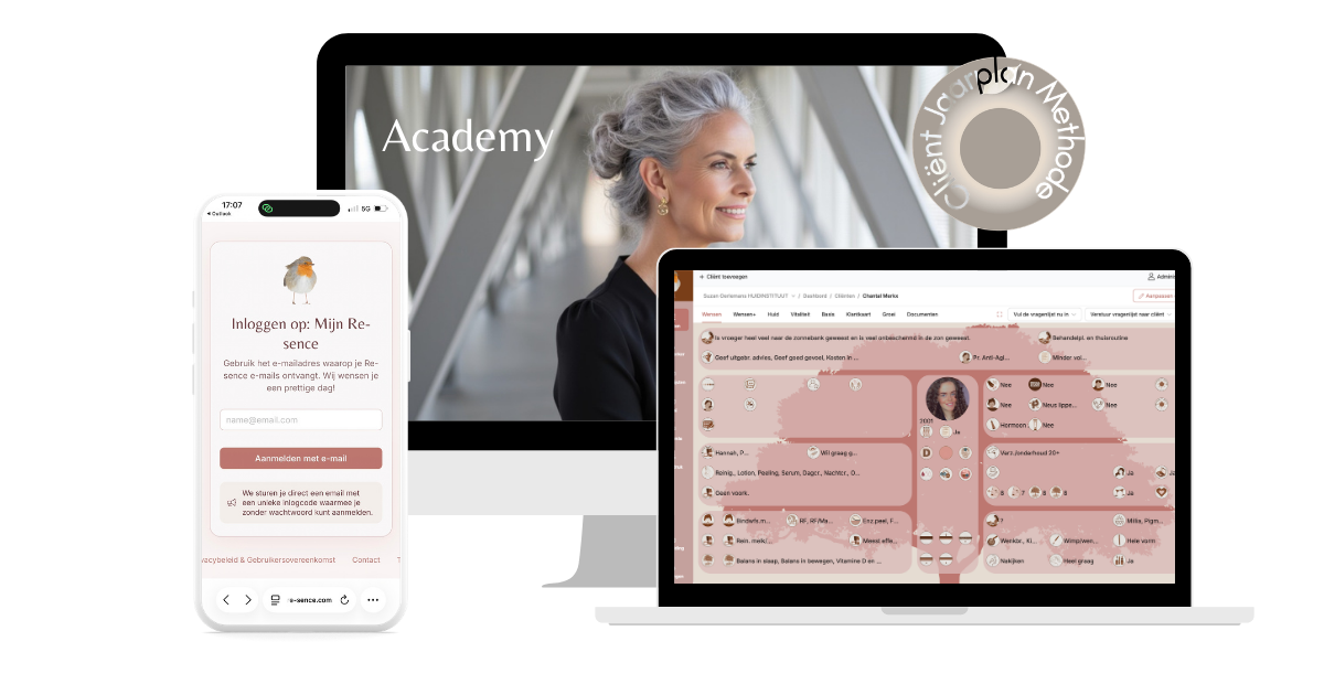 De Re-sence Academy op scherm, laptop en telefoon