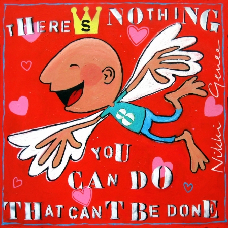 There's nothing you can do that can't be done Schilderij van Nikki Genee van een engeltje met tekst van The Beatles All you need is love