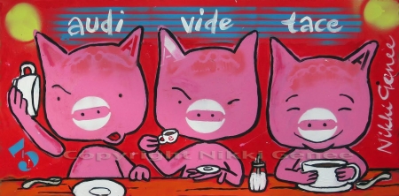 Keukenschilderij, Horen, zien en zwijgen Schilderij van Nikki Genee van 3 biggen die koffie, espresso en cappucino drinken en horen, zien en zwijgen uitbeelden