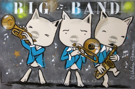Bigband III schilderij van Nikki Genee van bigband van biggen op trompet, trombone en saxofoon, een zogenaamde brassband