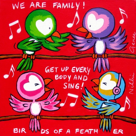 Birds of a feather Schilderij van Nikki Genee van 4 vogeltjes die We are family zingen