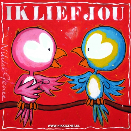 Ik lief jou, schilderij vogels Schilderij van Nikki Genee van 2 verliefde vogeltjes die ik lief jou zeggen