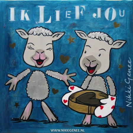 Ik lief jou Lammetjes Schilderij van Nikki Genee van 2 schaapjes in een blauwe achtergrond die ik lief jou zeggen