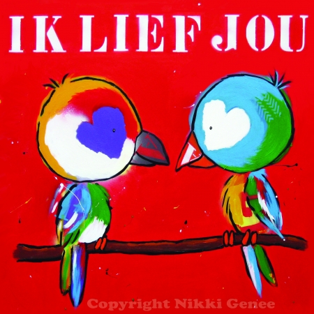 Ik lief jou papegaaien Schilderij van Nikki Genee van 2 papegaaien die ik lief jou zeggen met een rode achtergrond