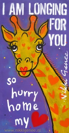 Giraffe Schilderij van Nikki Genee van een giraffe die verliefd is en verlangt naar haar liefje