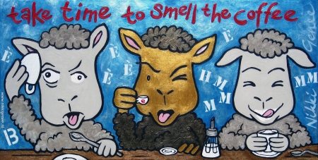 Keukenschilderij schapen, Take time to smell the coffee Schilderij van Nikki Genee van 3 schapen die genieten van de koffie, espresso en cappucino en genieten van het moment
