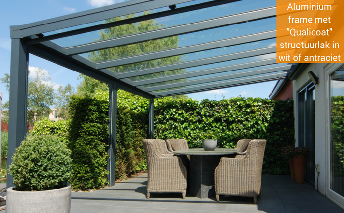 glazen veranda met aluminium frame in wit of antraciet onderhoudsvriendelijke structuurlak bij deze glazen veranda